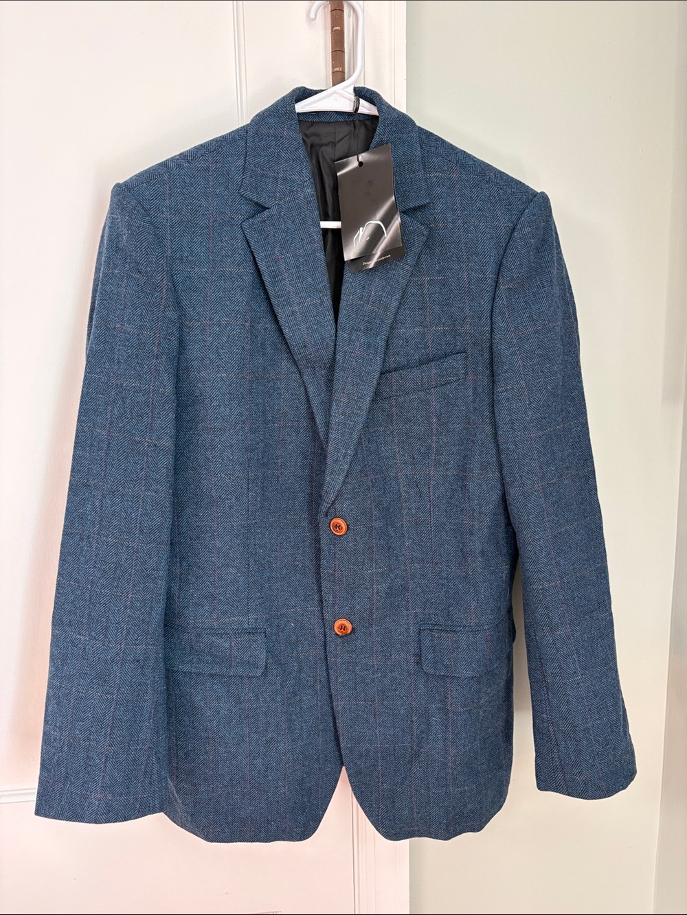 NWT Blue Windowpane Wool Tweed Sport Coat Blazer British Size 40S